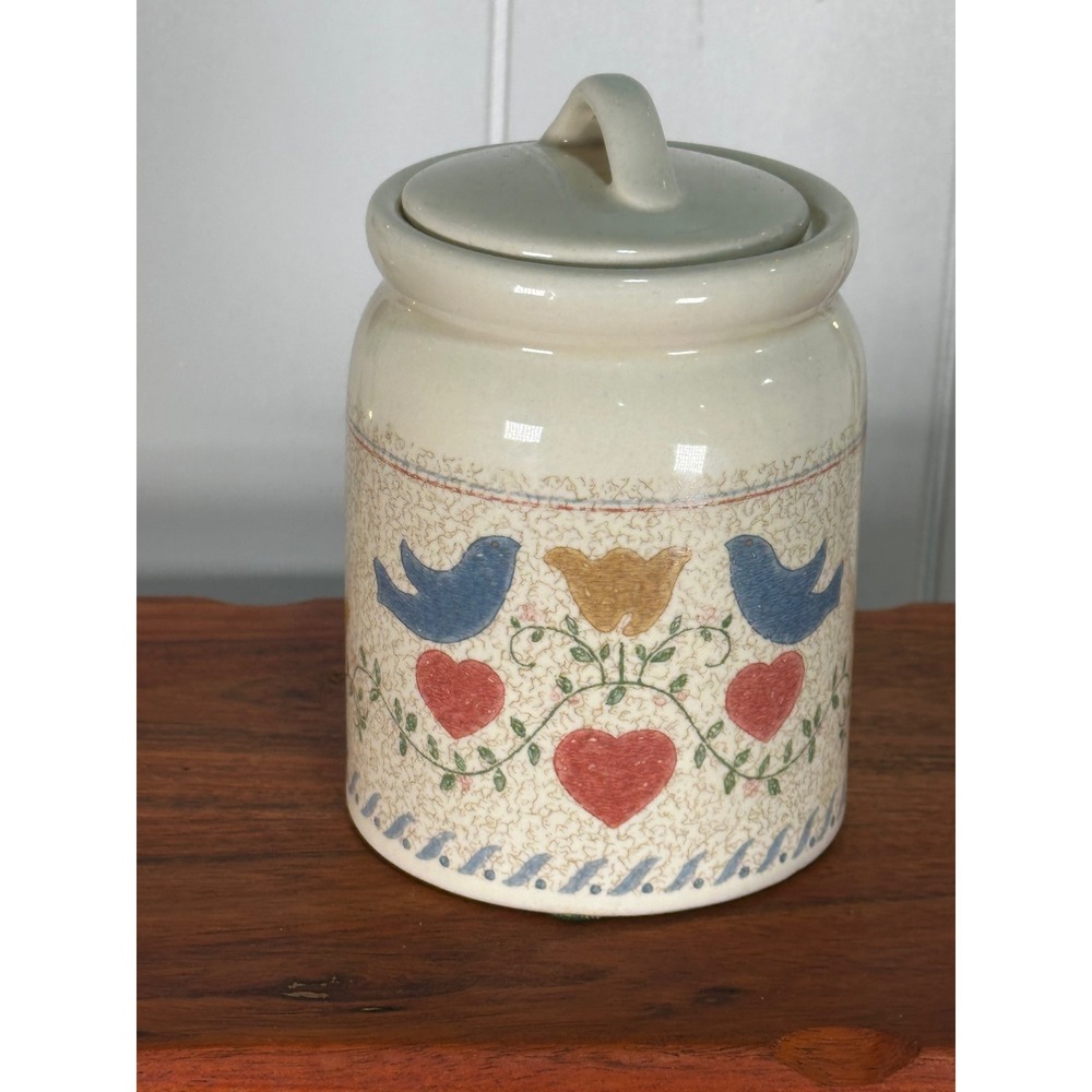 Vintage Folk Art Stoneware Canister with Lid Blue Birds Hearts Tulip Farmhouse